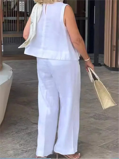 Conjunto de Mujer en Lino: Blusa Sin Mangas y Pantalón Ancho