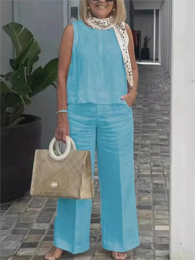 Conjunto de Mujer en Lino: Blusa Sin Mangas y Pantalón Ancho