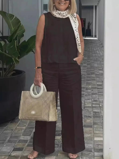 Conjunto de Mujer en Lino: Blusa Sin Mangas y Pantalón Ancho
