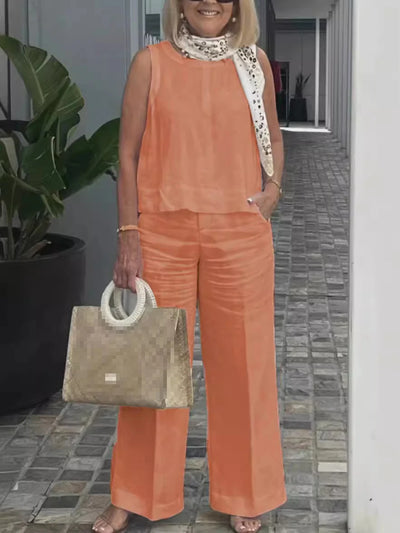 Conjunto de Mujer en Lino: Blusa Sin Mangas y Pantalón Ancho