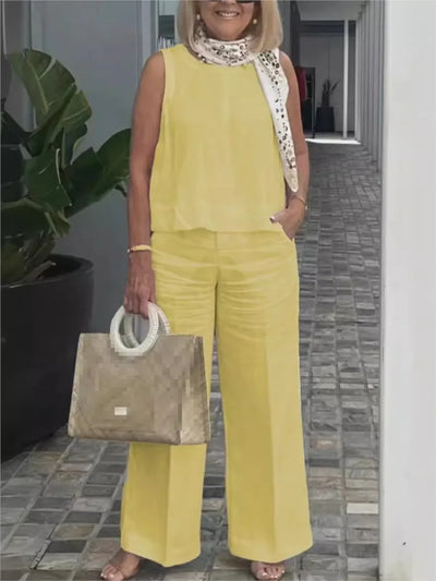 Conjunto de Mujer en Lino: Blusa Sin Mangas y Pantalón Ancho