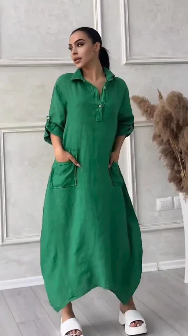Vestido largo suelto de manga larga, algodón y lino