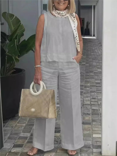 Conjunto de Mujer en Lino: Blusa Sin Mangas y Pantalón Ancho