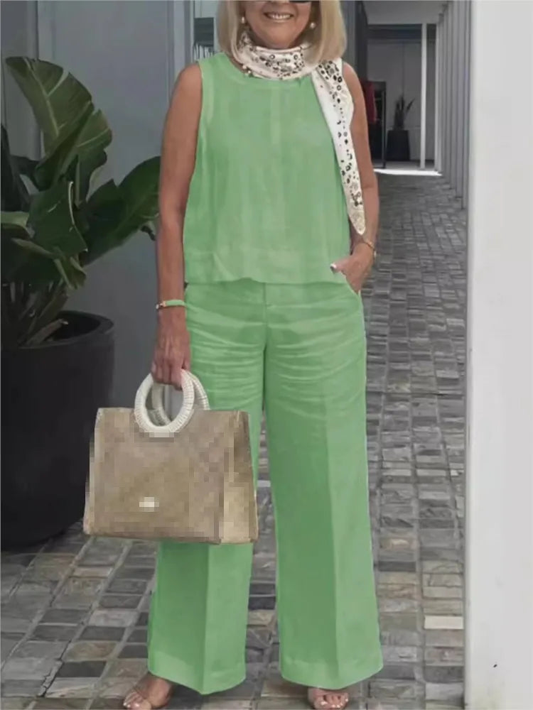 Conjunto de Mujer en Lino: Blusa Sin Mangas y Pantalón Ancho