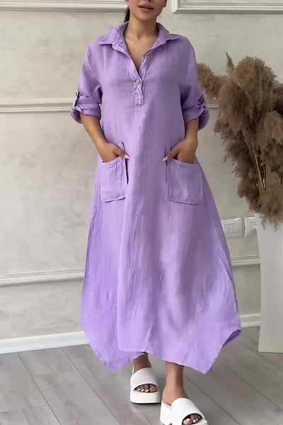 Vestido largo suelto de manga larga, algodón y lino