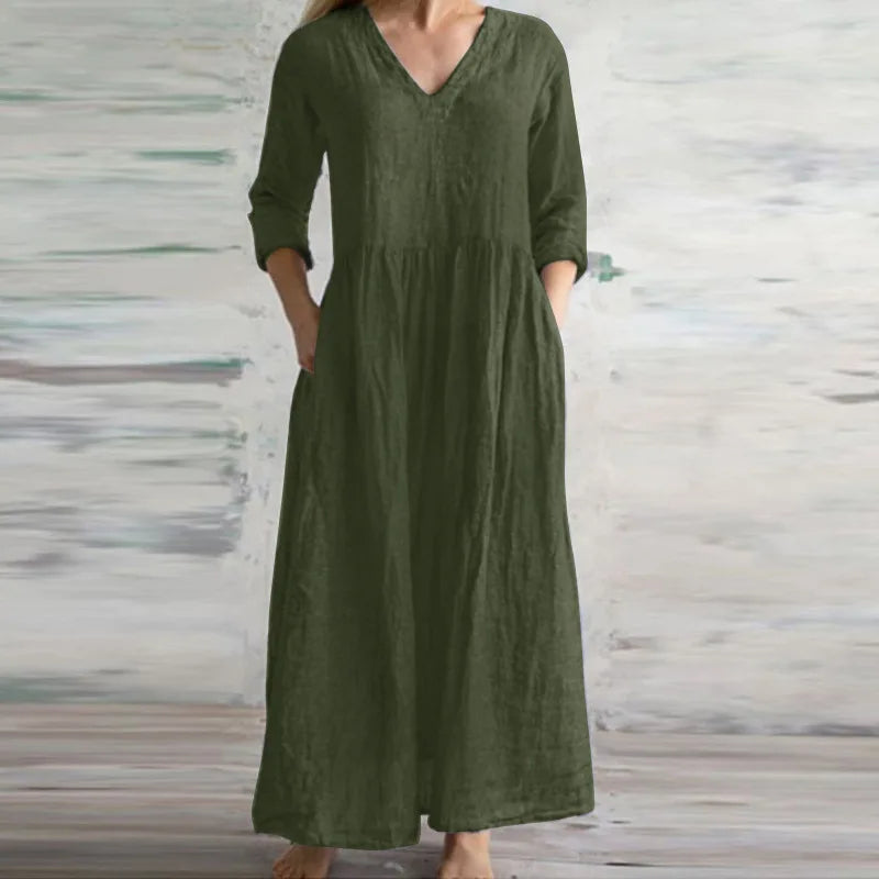 Vestido Maxi Holgado de Algodón y Lino - Casual 2025
