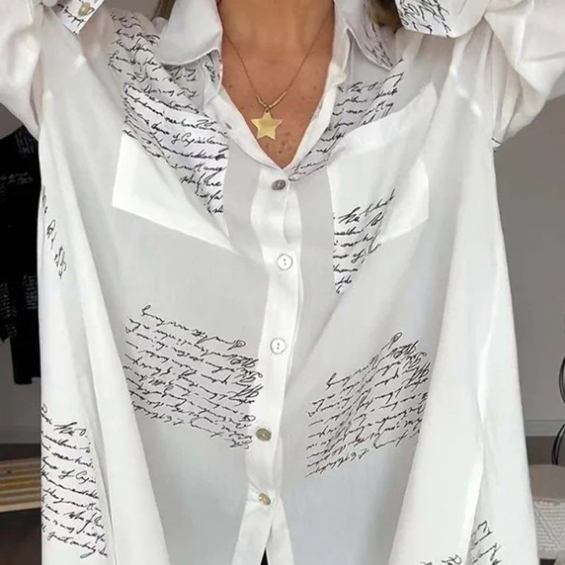 Camisa de manga larga con solapa y estampado de tendencia para mujer.