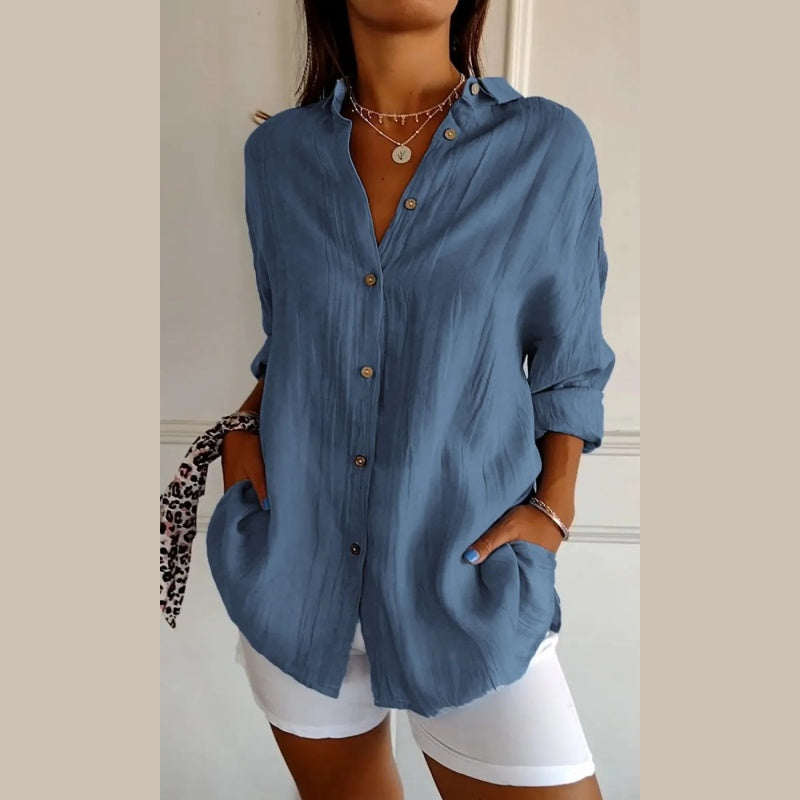 Camisa clásica plisada con textura y solapa sencilla para mujer - 💖 ESPECIAL DIA DE LAS MADRES 👩‍🦳
