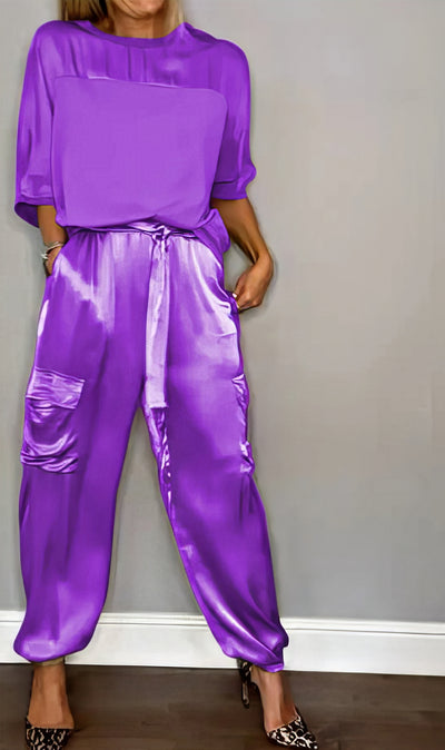 Conjunto de Satén Elegante de Dos Piezas con Blusa y Pantalón