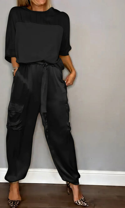 Conjunto de Satén Elegante de Dos Piezas con Blusa y Pantalón