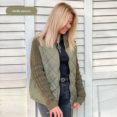 Chaqueta Acolchada de Invierno para Mujer con Patchwork y Mangas de Punto