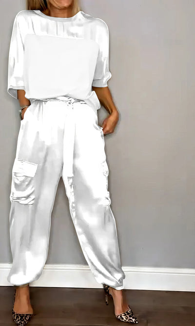 Conjunto de Satén Elegante de Dos Piezas con Blusa y Pantalón